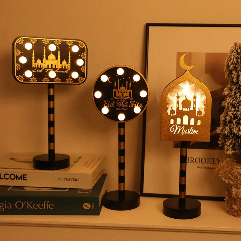 LED Wooden Ramadan Lamp with Moon & Star Table Lamps for Eid Mubarak Islamic Festival Gift & Decor Christmas Lights Style