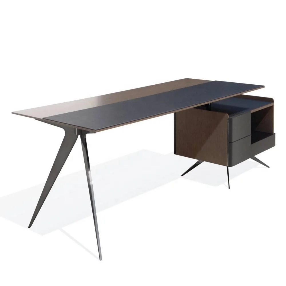 
VATON Quality Home Office Furniture L shaped Leather and Wood Executive Desk Table with Storage and Stainless Steel Foot 