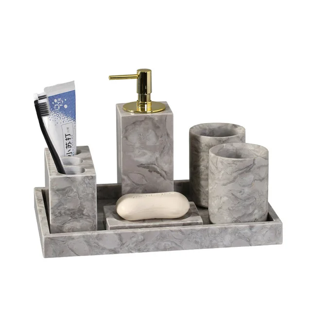Home hotel 5 pieces ceramics marble bathroom accessory set soap dish toothbrush holder dispenser tumble bathroom shower set
