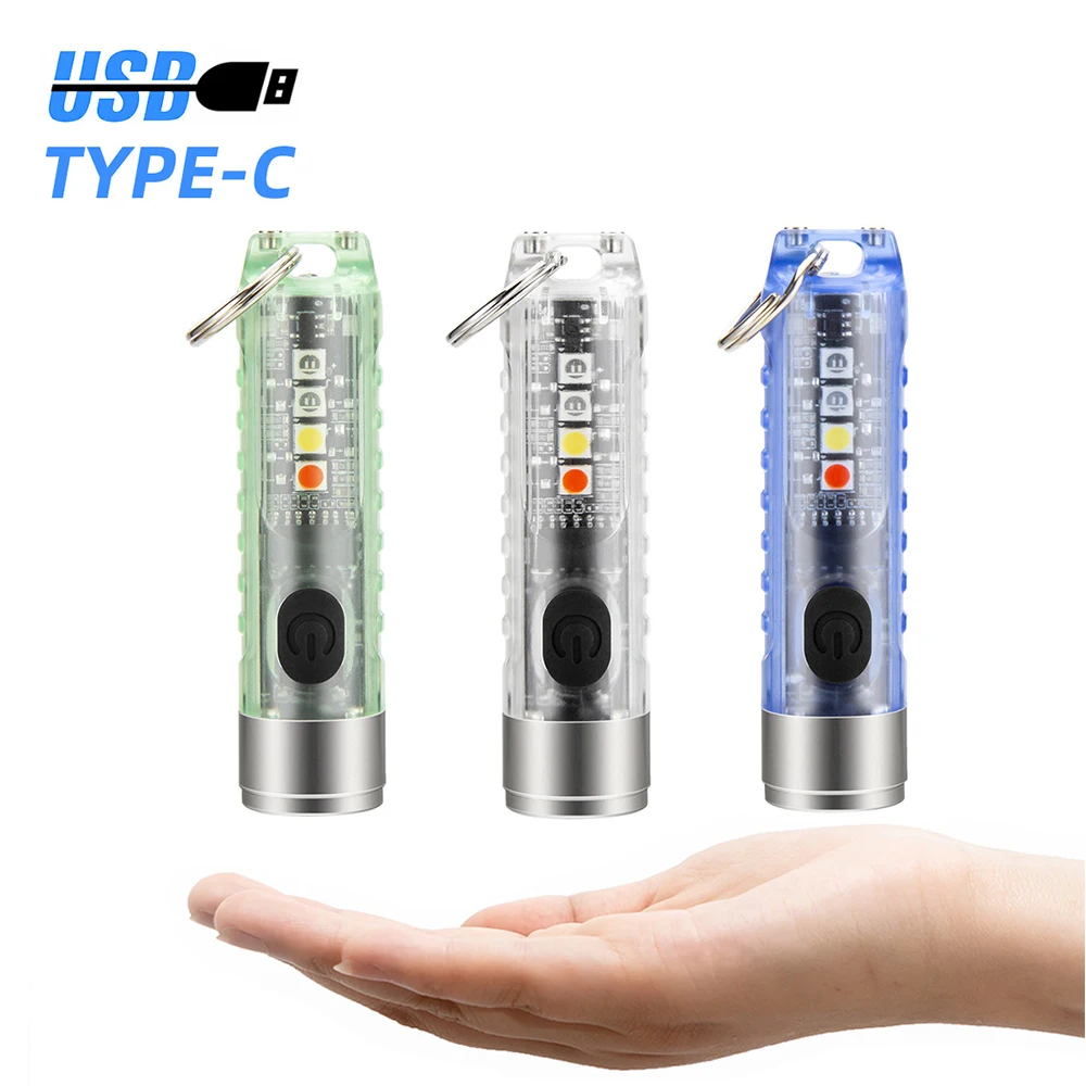 10 Light Mode Mini Led Key Chain Light Small Pocket Flashlight Type-C Rechargeable Led Torch Light