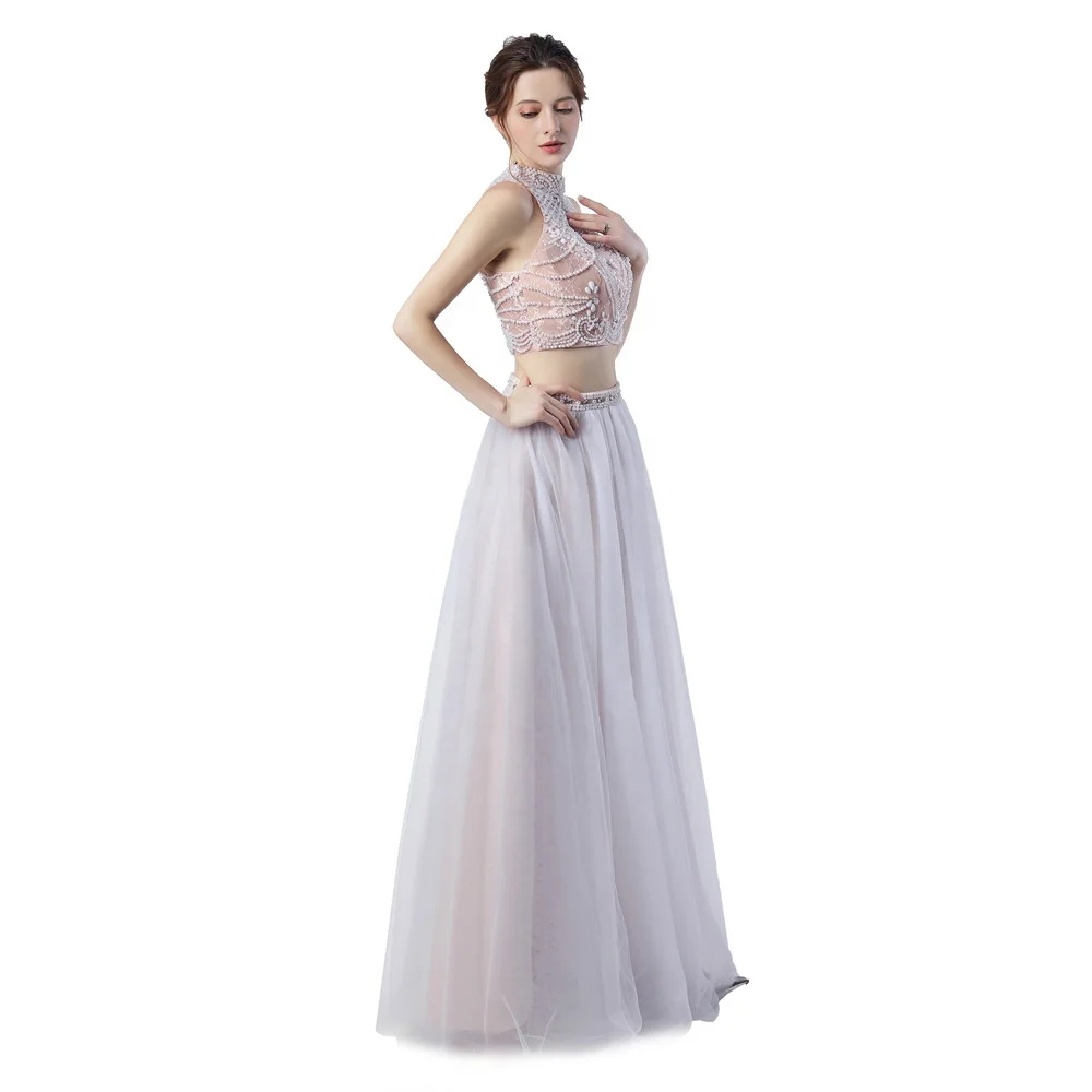 2 in 1 Two Pieces Halter Beaded Prom Evening Dresses Light Pink Tulle See Through Open Back Sexy Prom Evening Formal Gown