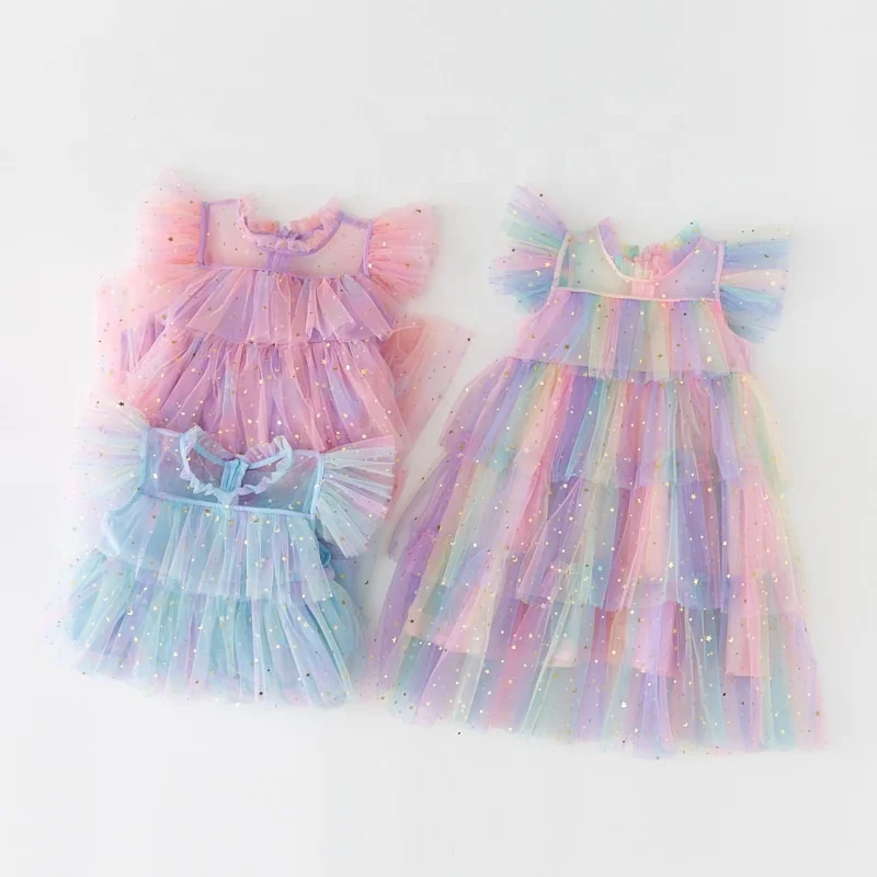 Summer flying sleeve rainbow star sequined cake desgin princess girls tulle puffy dress