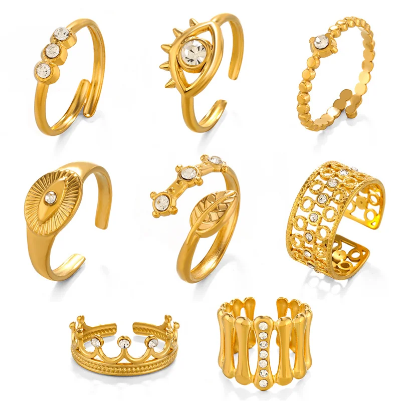 Vintage Rhinestone Inlaid Hollow Bone Wide Rings PVD Gold Plated Stainless Steel Leaf Evil Eyes Diamond Open Ring