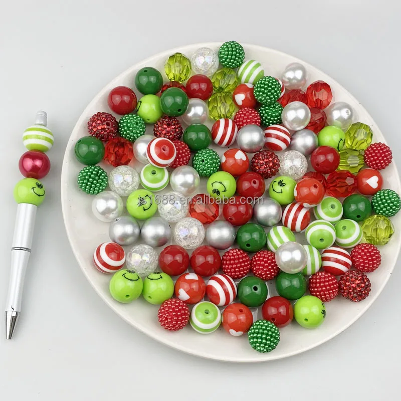 100pc/bag 20mm green grinch christmas chunky beads for jewelry making acrylic bubble gum beads for pens bulk beads crafts
