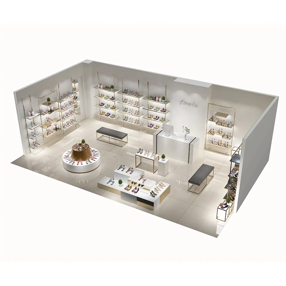 Yiree Custom fashion retail sneaker brand boutique store fixtures fittings metal gold wall shoe display for sport shop