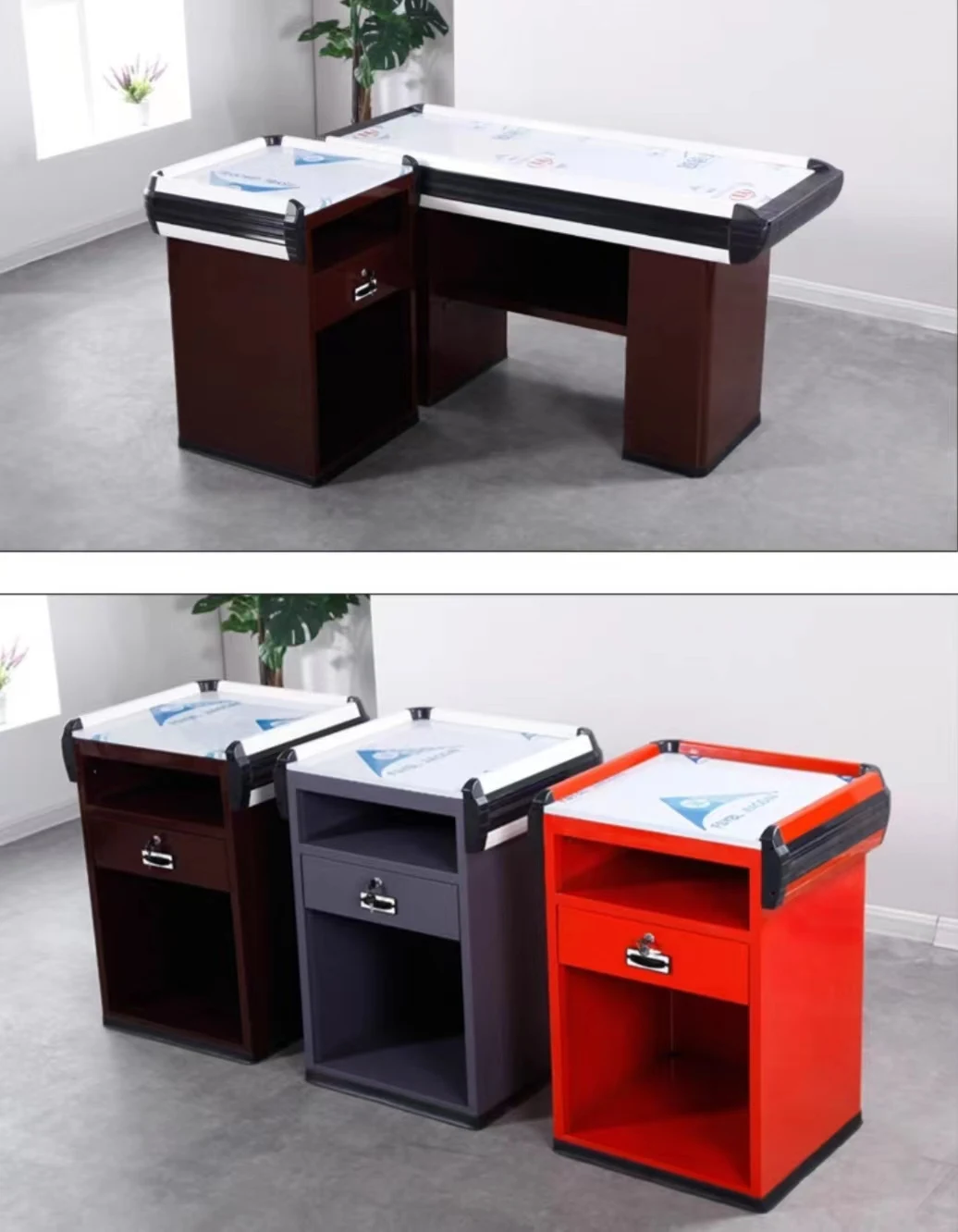 Beauty Red Desk Used In Supermarket Cashier Grocery Store Metal Cash Counter Checkout
