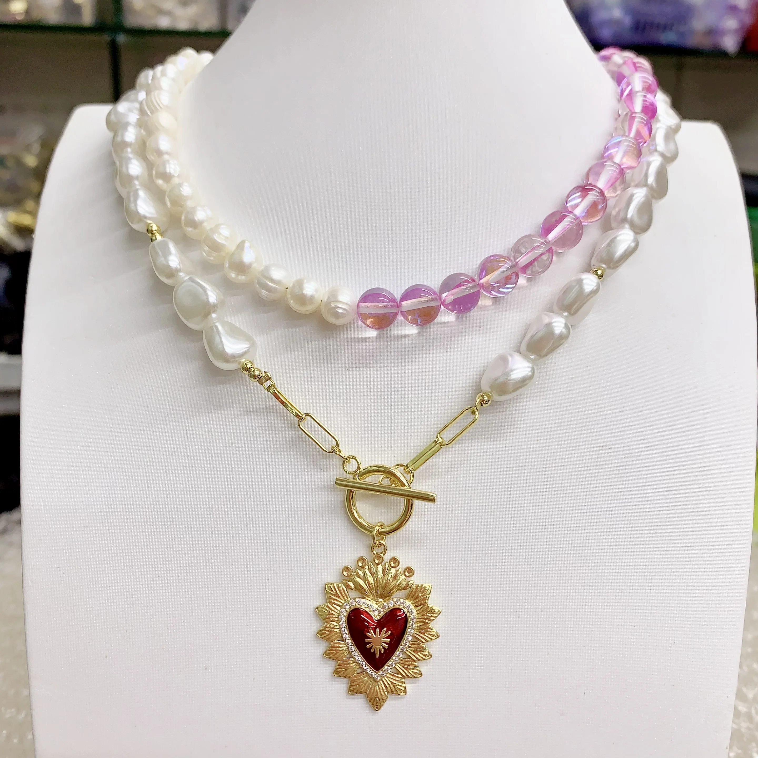 LS-L3298 Beautiful freshwater pearl necklace for women pink beads necklaces red enamel sacred heart necklaces
