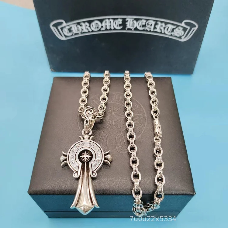 Vintage chrome heart necklace jewelry Cross pendant long cross double pendants retro Thai silver necklace for man