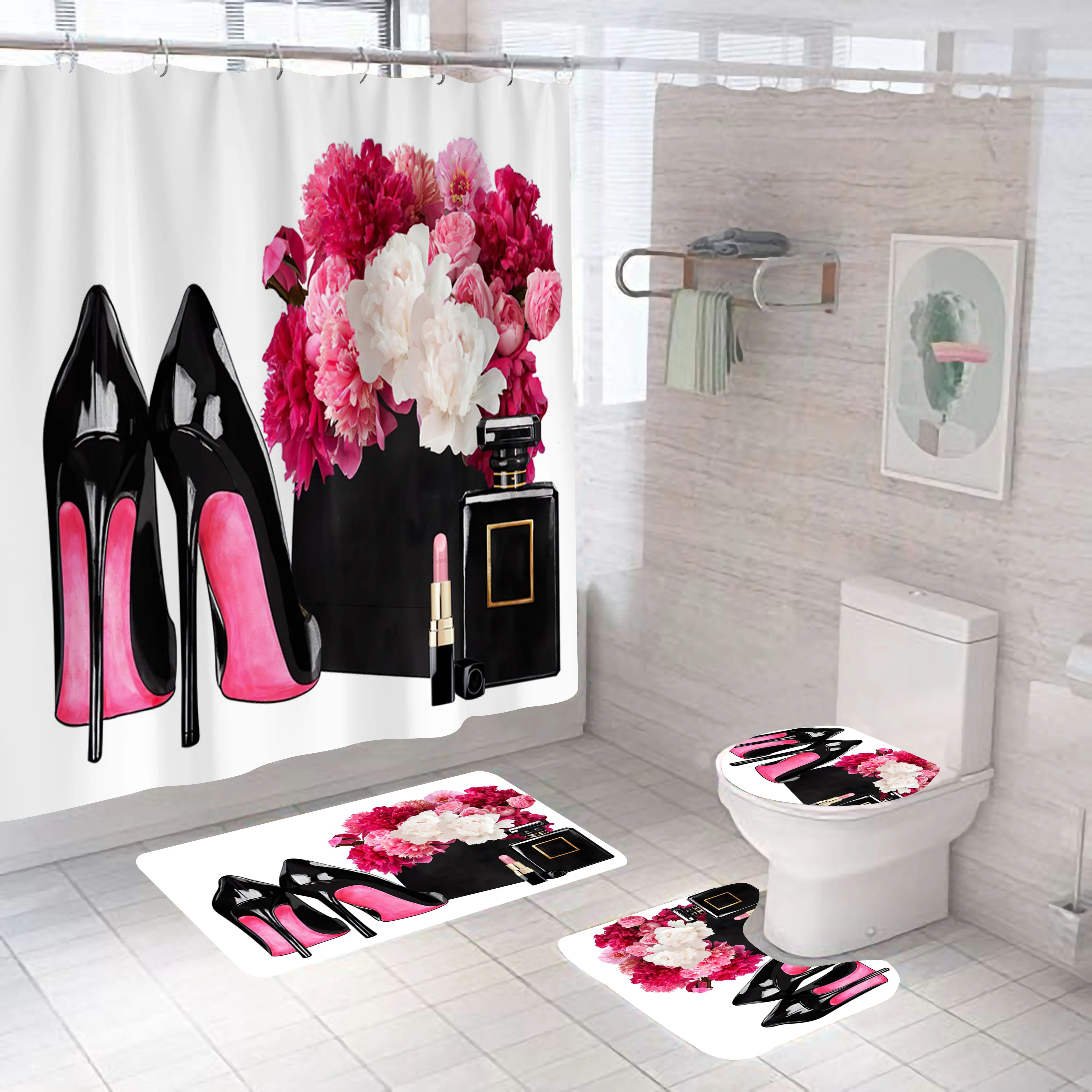 Wholesale 3d Custom 4 Piece Printing Girl Fashion Red Beauty Luxury Designer Game Set Shower Curtain Rugs Complete Bathroom Set