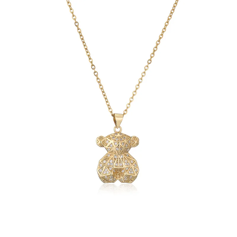 Custom 18K Gold Plated Teddy Bear Pendant Cubic Zircon 45+5cm O-shape Chain Pendant Necklace