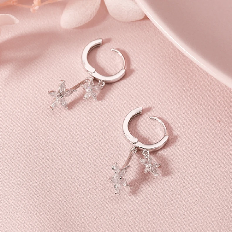 100% Real S925 Sterling Silver Dangle Drop Hoop Earrings Luxury Cubic Zirconia Flower Shape Pendant Hoops Piercing Earrings
