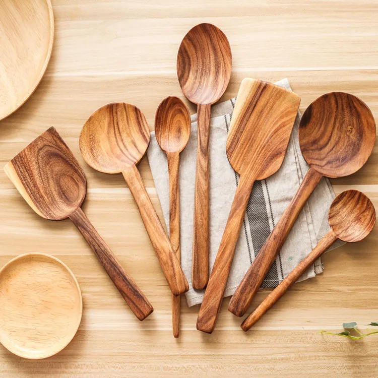 Wooden Cooking Utensils,Teak Wooden Spoons for Cooking Wood Utensil for Nonstick Cookware,Kitchen Utensils Set 7