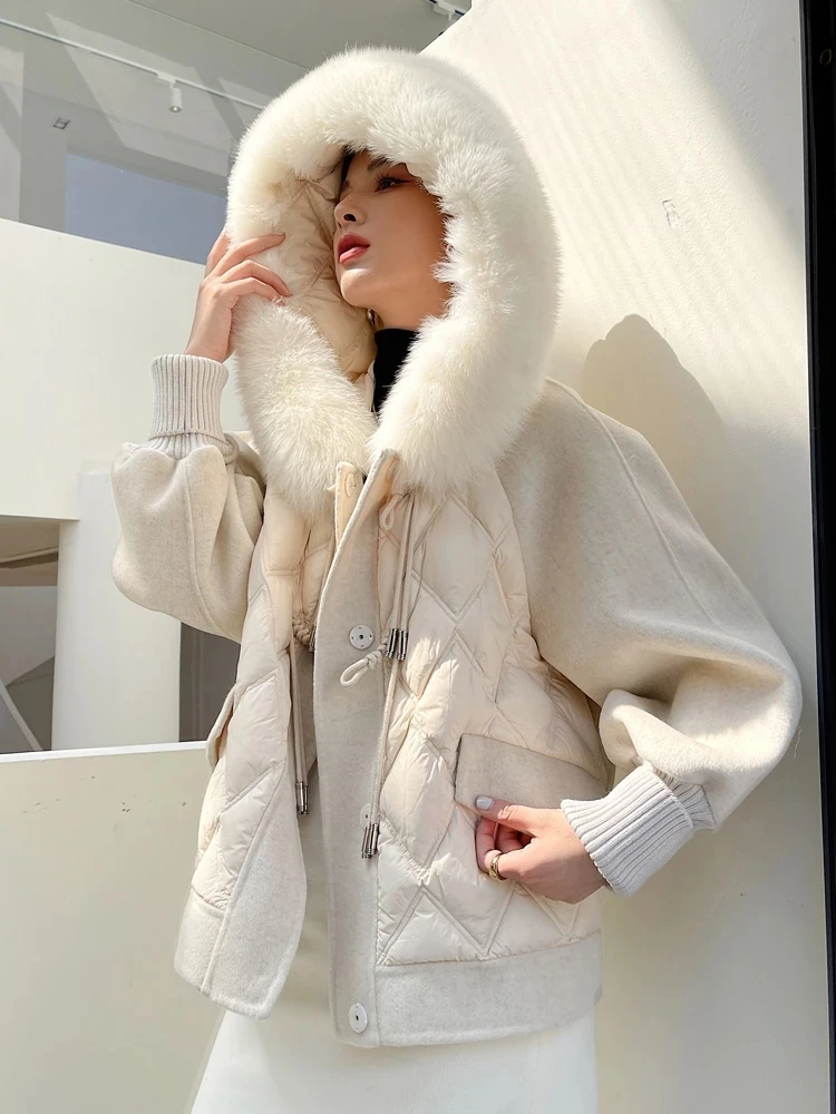 customized brand famous 2023 Women Real duck down real woolen coats With natural fox fur collar plush real fur coats Parka AS02