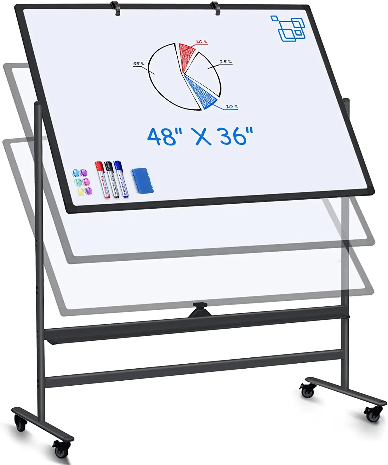 Large Mobile Whiteboard Height Adjustable, maxtek 48 x 36 inches Magnetic Double Sided Rolling Dry Erase Board Easel Stand White