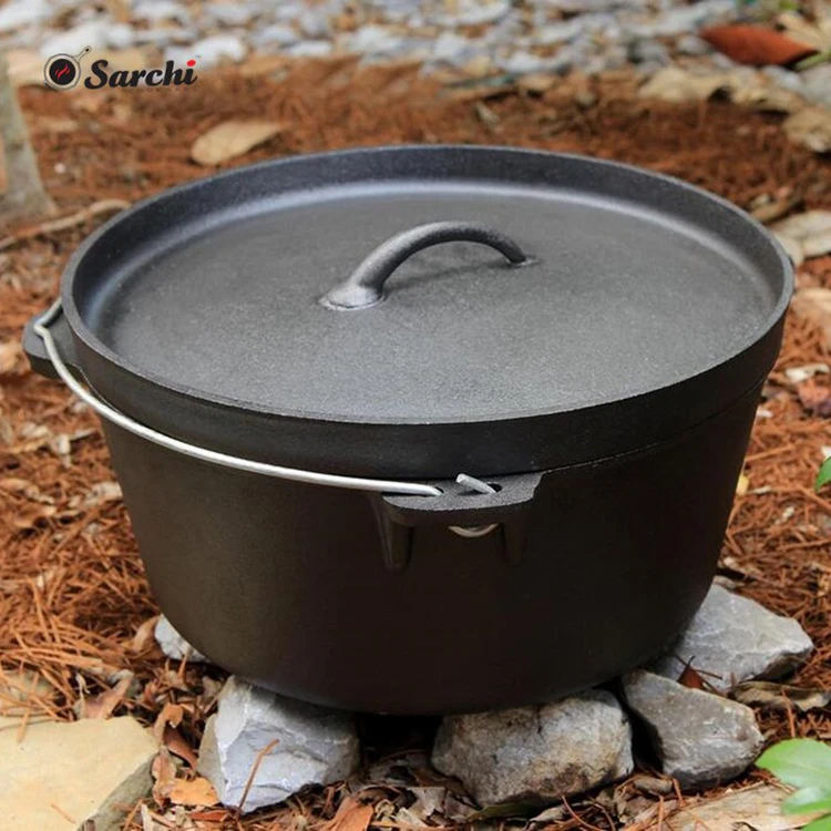 Flat Bottom Large Cooking Pot 8.5 Quart Camping Cast Iron Dutch Oven