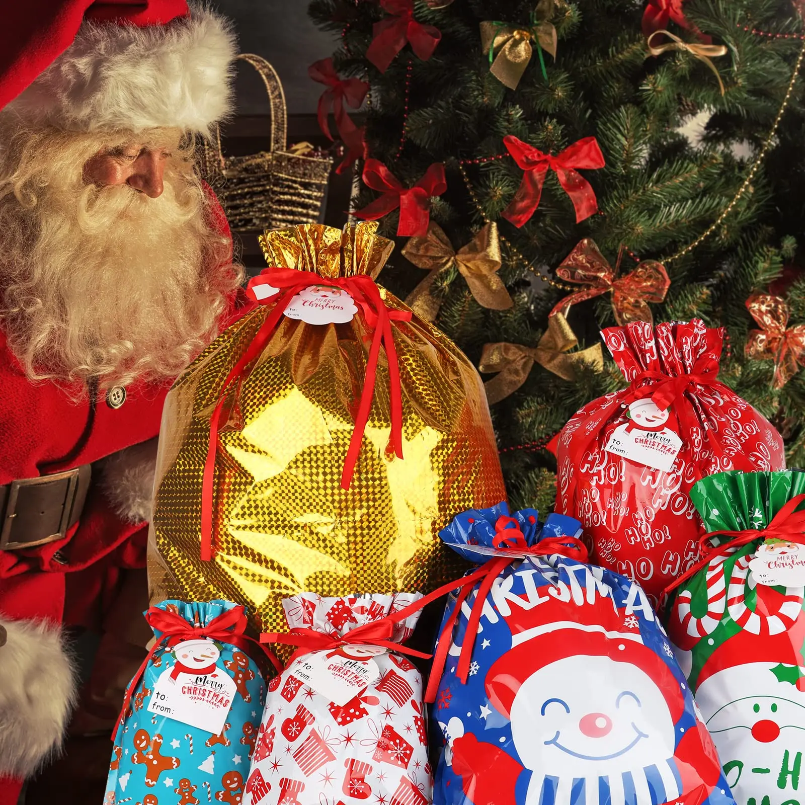 Xmas Presents Party Favor Foil Holiday Drawstring Wrapping Sacks Pouches Christmas Gift Bag