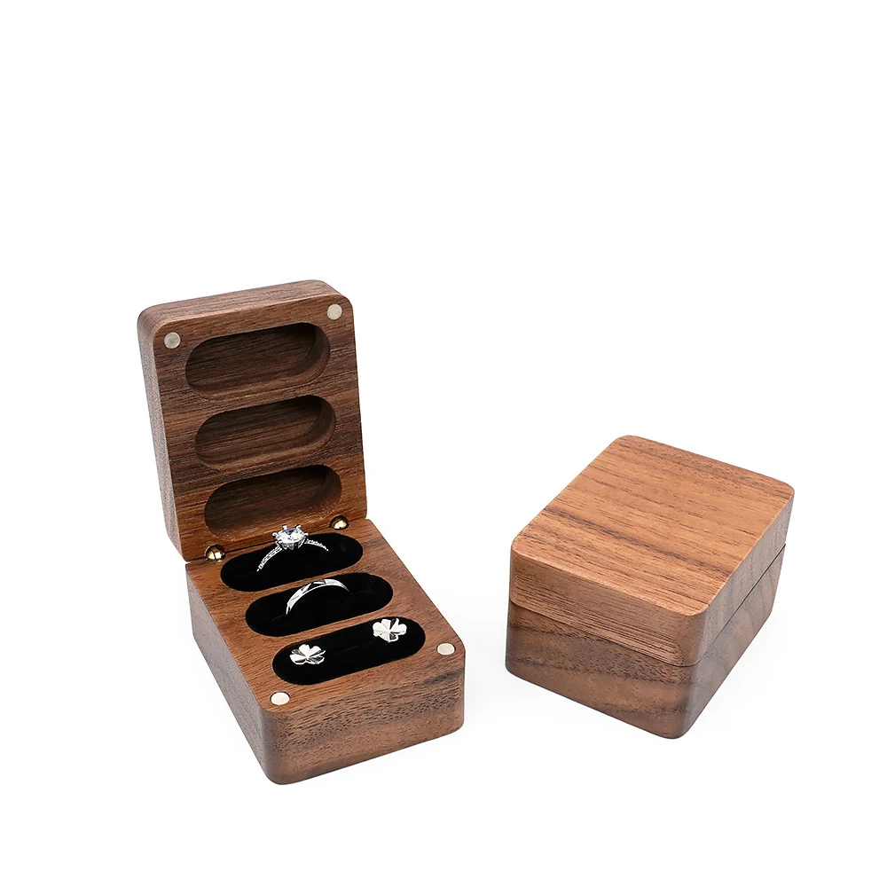 custom high quality Square Solid Wood wedding ring storage Box walnut wooden ring box with 3 slots