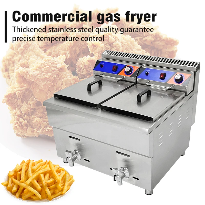 Stainless Steel Gas Fries Frying Machine Chicken Kfc Potato Chips Fryer Double Tank Commercial Table Top Deep Fryer