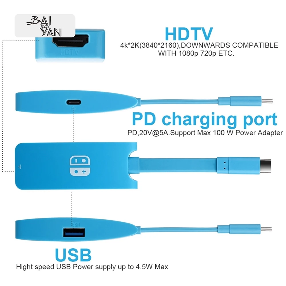 Multi 3 in 1 Type C Adapter for Nintend Switch Hub USB-C to 4K*2K HDTV PD Charging Port Nintendo Game Accessories