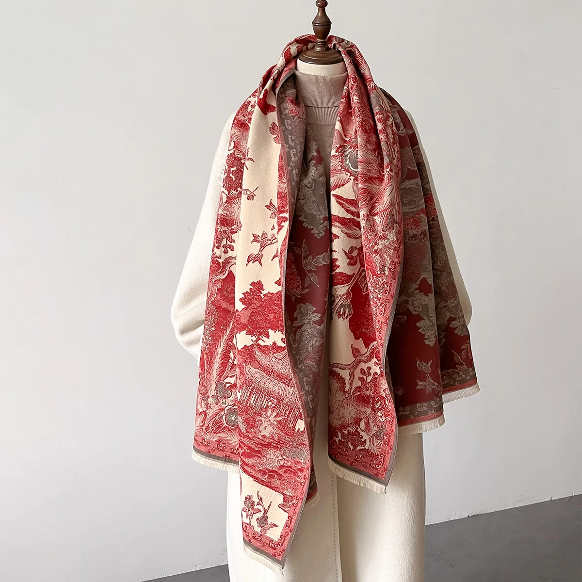 Winter Warm Thick 185*65CM Pashmina Shawls Ladies Flower Pattern Blanket Scarves Windproof Double Sided Wool Feel Scarf Shawl