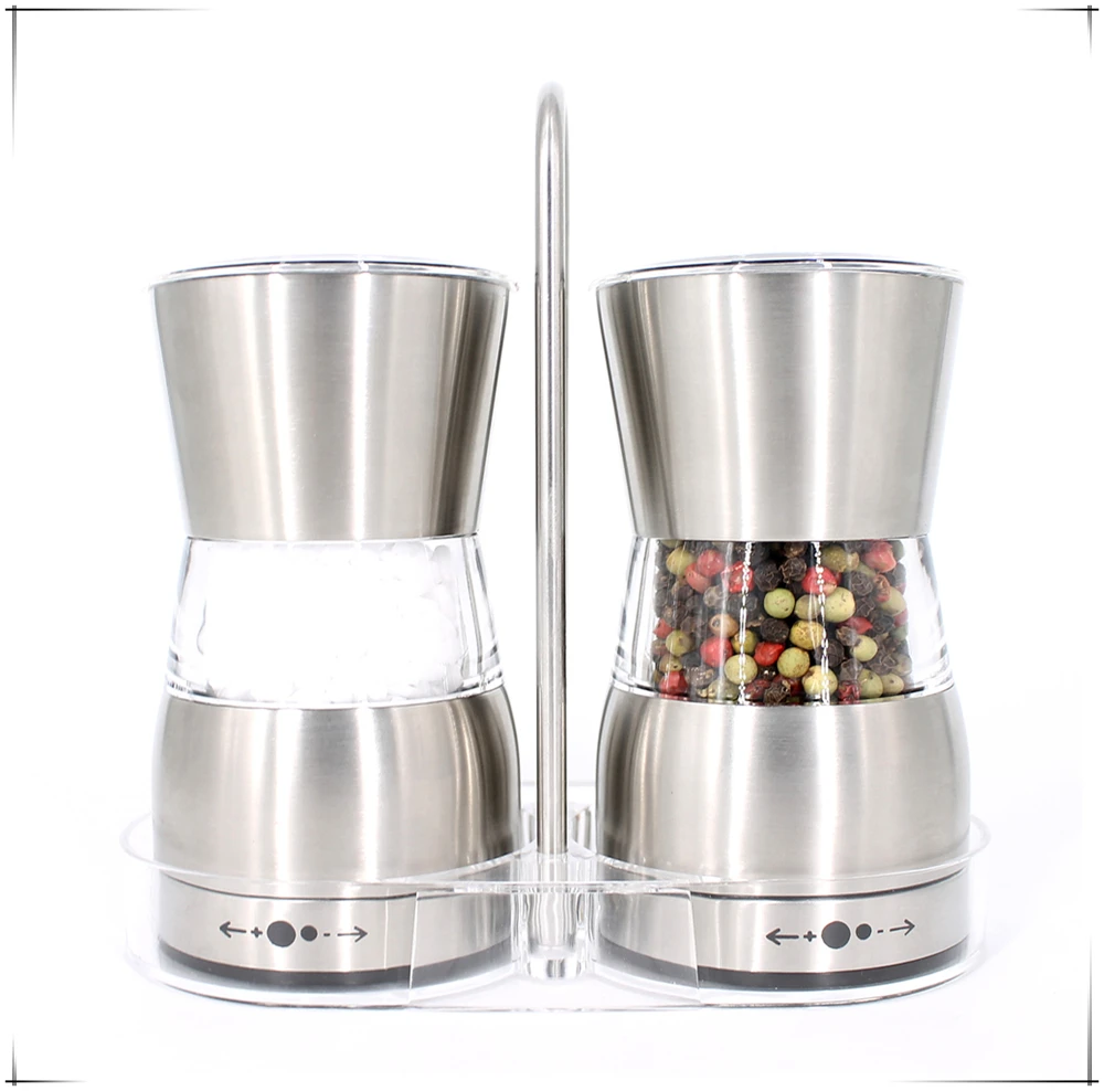 portable manual salt and pepper mill set with stand / stainless steel spices grinders with acrylic lid