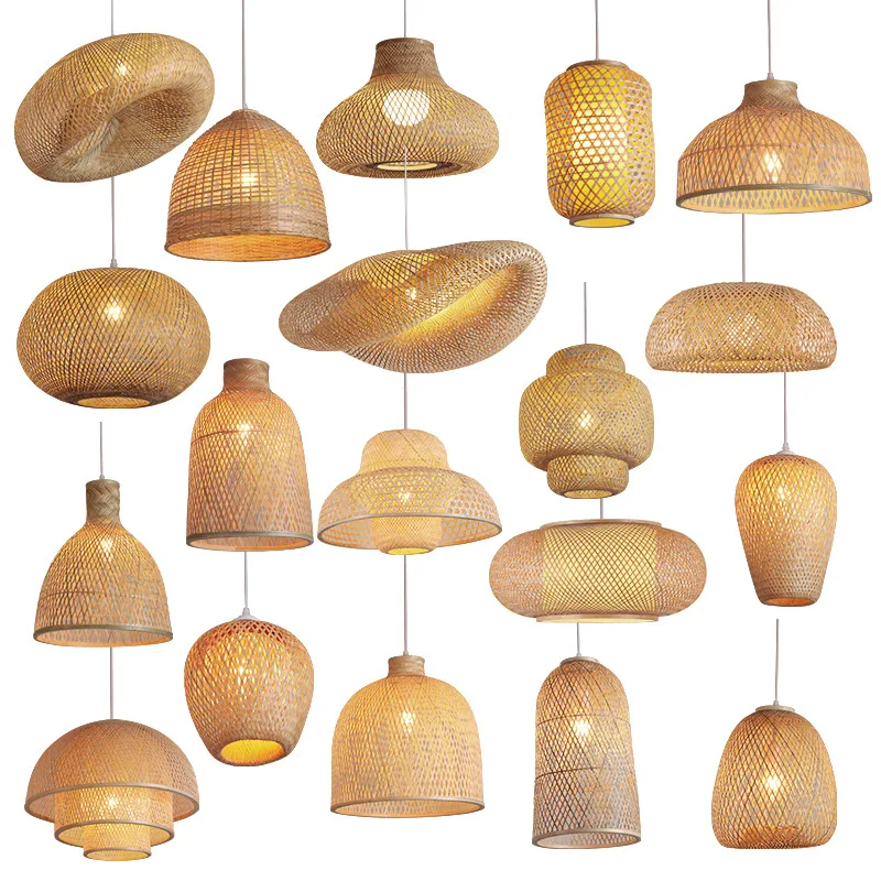Hand Made Bamboo Lamp for Bedroom E27 Retro Bamboo Wooden Chandelier Rattan String Light