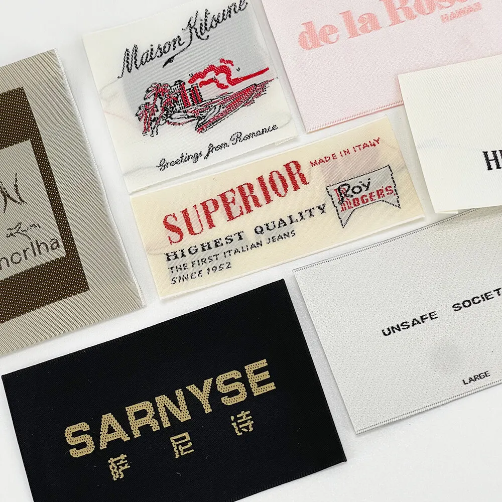 Custom Brand Name Logo Center Fold  Fabric Tags Machine Beanie Damask Woven Labels for Clothes