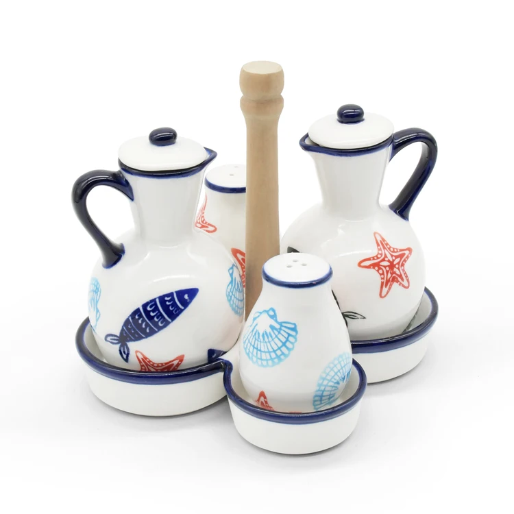 Good Kitchen Olive Oil Dispenser With bamboo Handle Ceramic Vinegar Bottle With Wood Rack