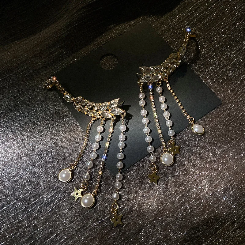 925 Silver Needle Diamond Pearl Tassel Ear Bone Clamp Retro Temperament Fashion Star Earrings