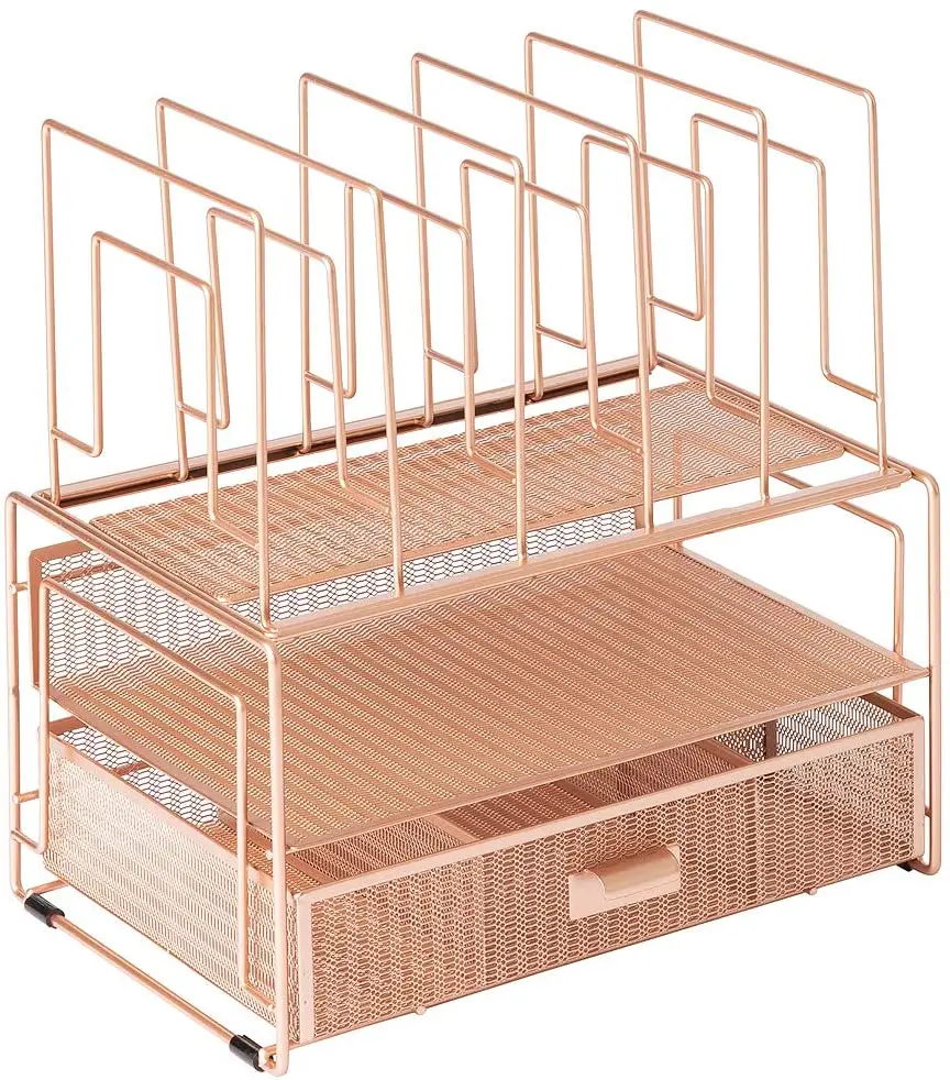 Combohome Desk Organizer Rose Gold Mesh Paper Tray Office File Organizer with Storage Rack for Desk Accessories