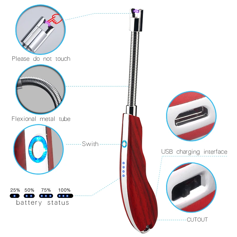 Outdoors Zinc Alloy BBQ Electric Lighter, USB Rechargeable Arc Lighter