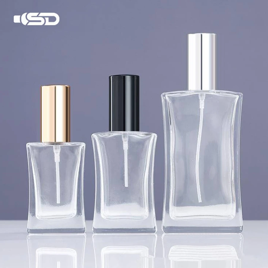 Manufacturer Glass Perfume Essential Oil Bottles Flat Square Luxury Empty 30ml 50ml Spray Glass Perfume Bottle