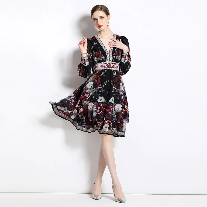 New deep V-neck balloon sleeves wavy print temperament dress QP6659078