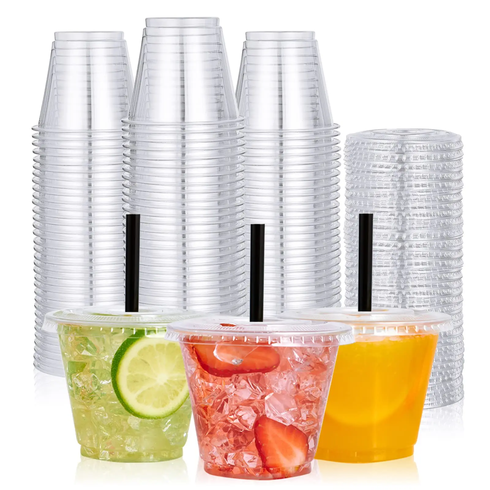 9oz Clear Plastic Cups With Flat Lids, Crystal PET Parfait Cups, Cold Party Drinking Cups for Ice Coffee/ Cream Dessert/ Cold d