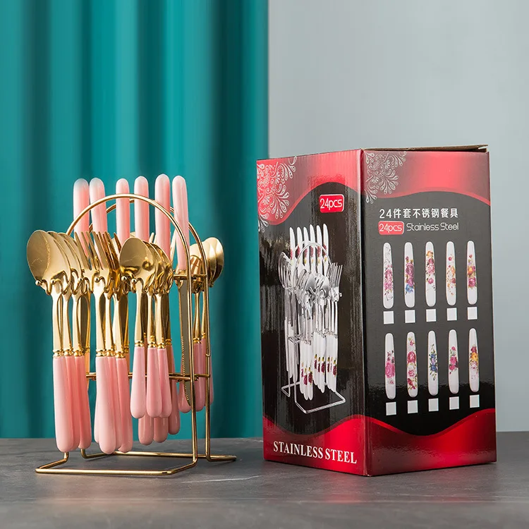 High quality 24 pcs gift gold flatware set ceramic handle stainless steel cutlery with holder