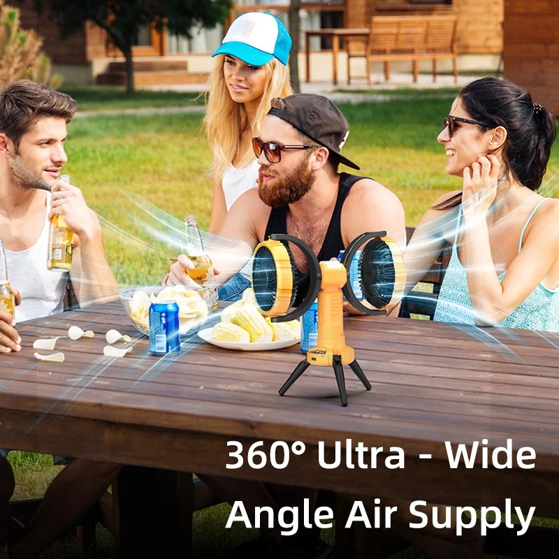 2024 New product F7300 double heads stand fan desktop outdoor camping rechargeable fans with LED, indoor table fans