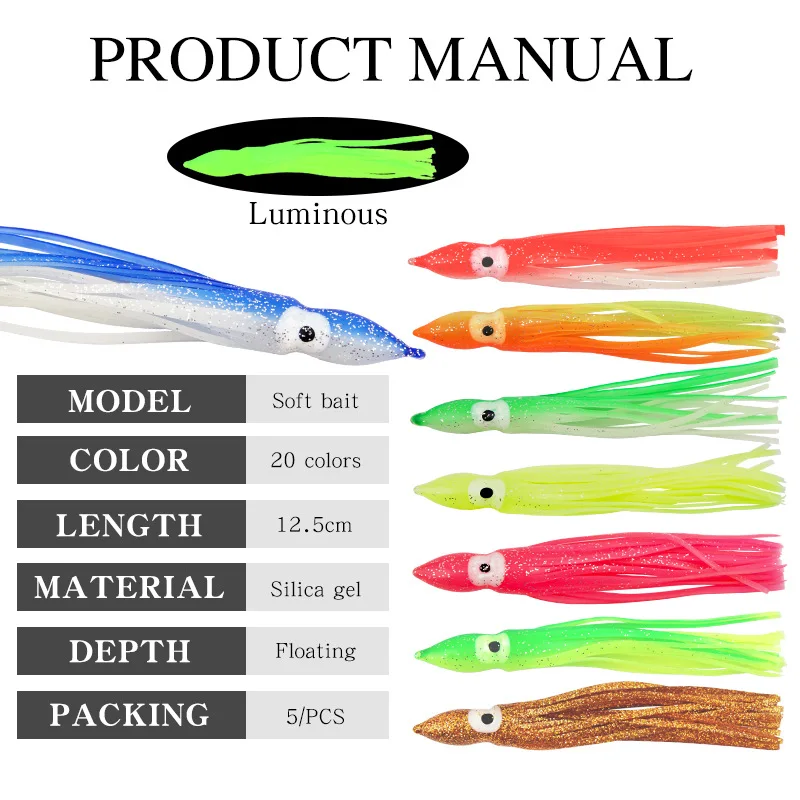 TOPIND 20 colorful lure squid octopus beard soft bait 12.5cm/4.2g with luminous boat fishing bait