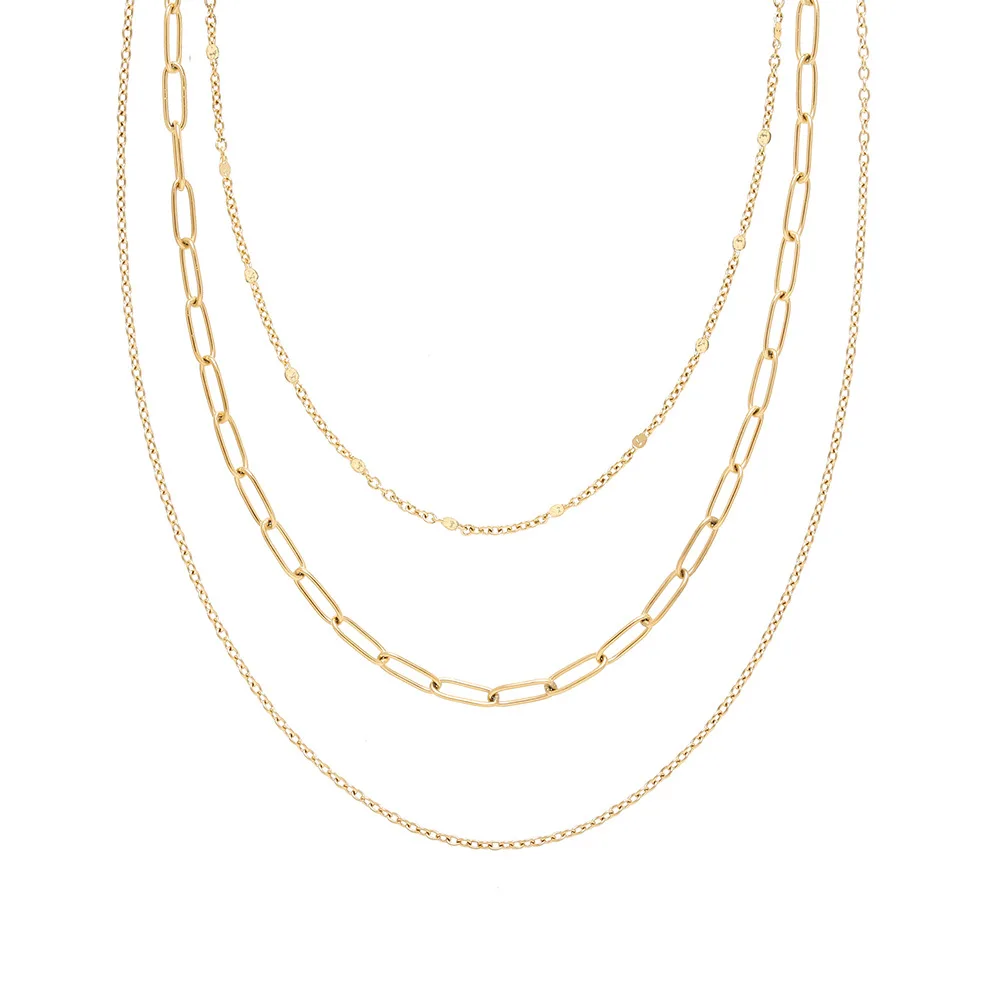 Joolim Jewelry 18K Gold Plated Triple Layered Three Layers Mixed Link Chain Necklace Stainless Steel Jewelry Wholesale