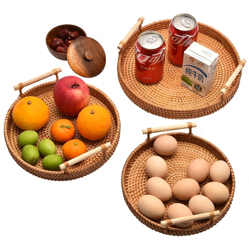 High Quality Cheap Rattan Fruit Plate Round Rattan Tray With Handle Rattan Basket