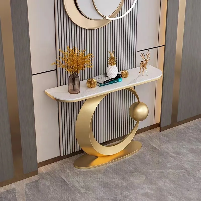 Light luxury style porch table white marble top with gold stainless steel base End view platform console tables