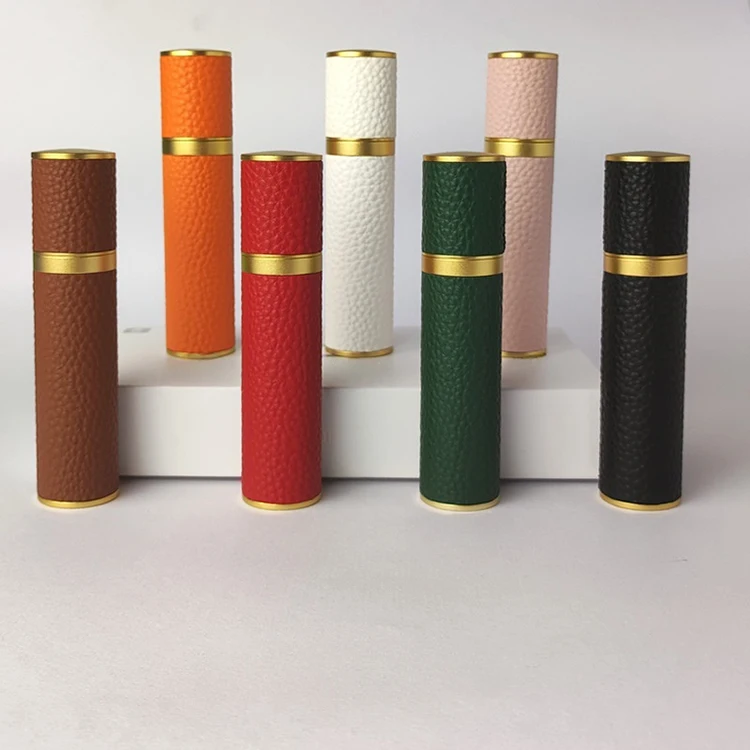 factory cheap new arrival mini travel colored leather perfume pump spray bottle with atomizer tester sample 5 10 15 ml vial