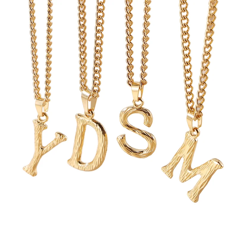 Custom Party Concert Accessory Glossy Jewelry Ornaments 18K Gold Plated Stainless Steel Textured Initial Letter Pendant Necklace
