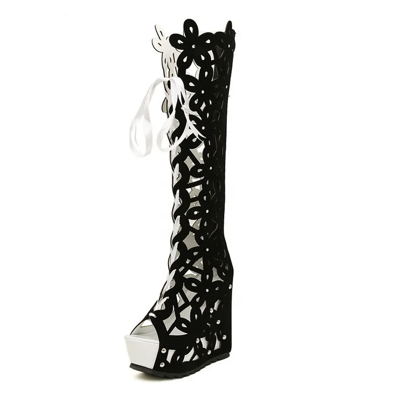 2024 Summer Fashion Peep Toe Wedge High Heel Hollowed-Out Long Boots Thick Sole Roman Style Platform Women Sandals