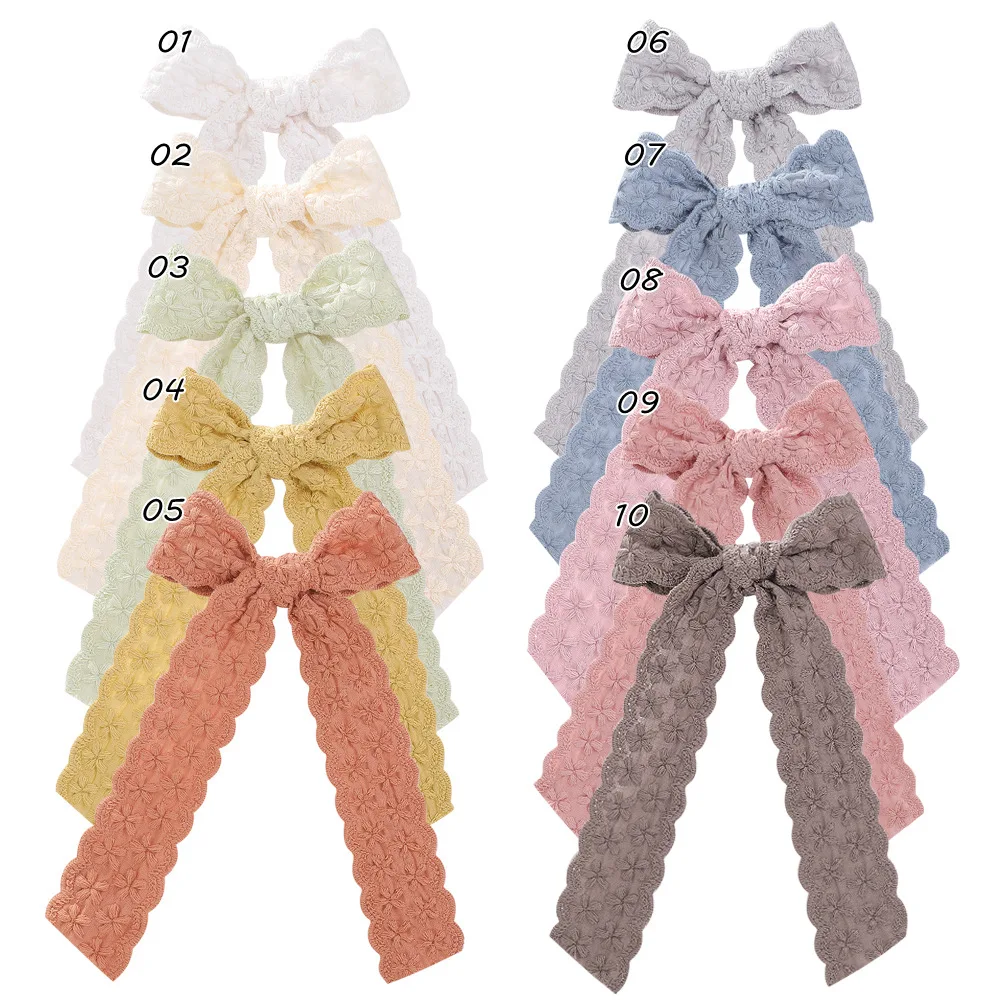 MIO hair clip girls ribbon hair bows blue ribbon bows flower pattern embroidered kids hair clip bow with long tassel