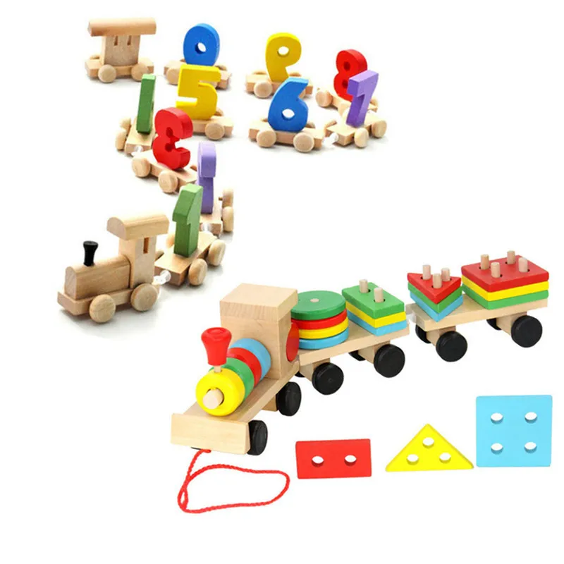 Kids Christmas gift digital, color and shape cognitive wooden digital train geometrical shape stacking block train toy