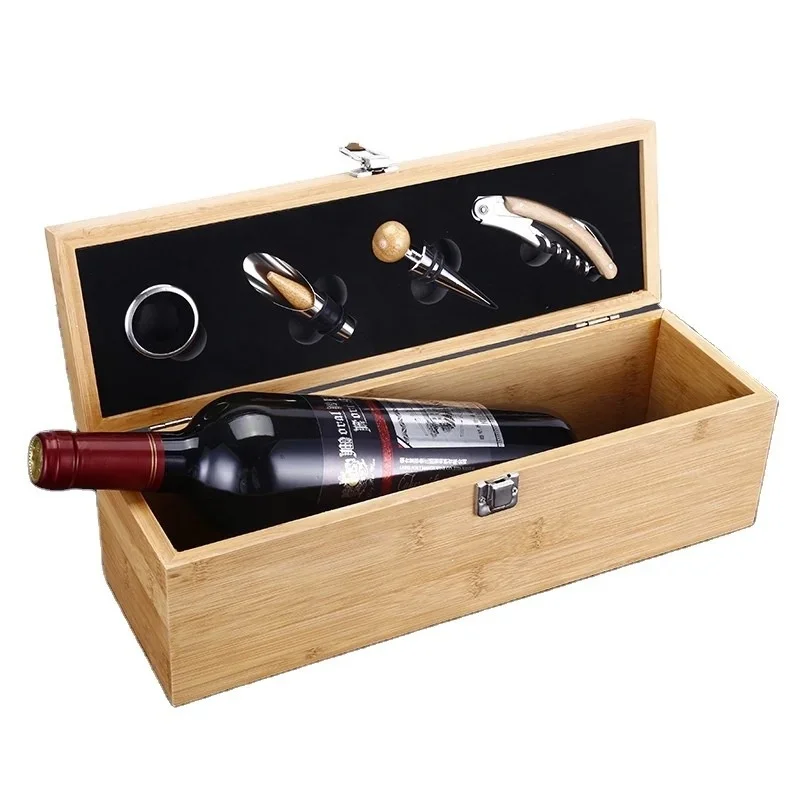 Bamboo Wooden customization pattern LOGO Bamboo Wood Wine Case with Tools Set Wine Storage Box Gift for Wine Lover