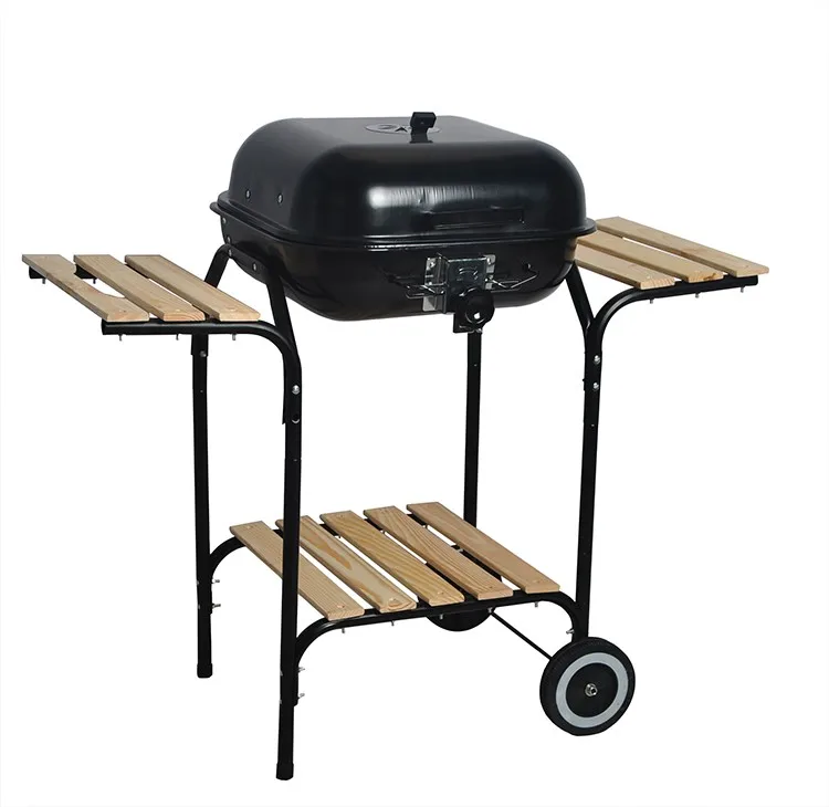 18 inch Black Portable Charcoal BBQ Grill with Wooden Side Table Barbecue