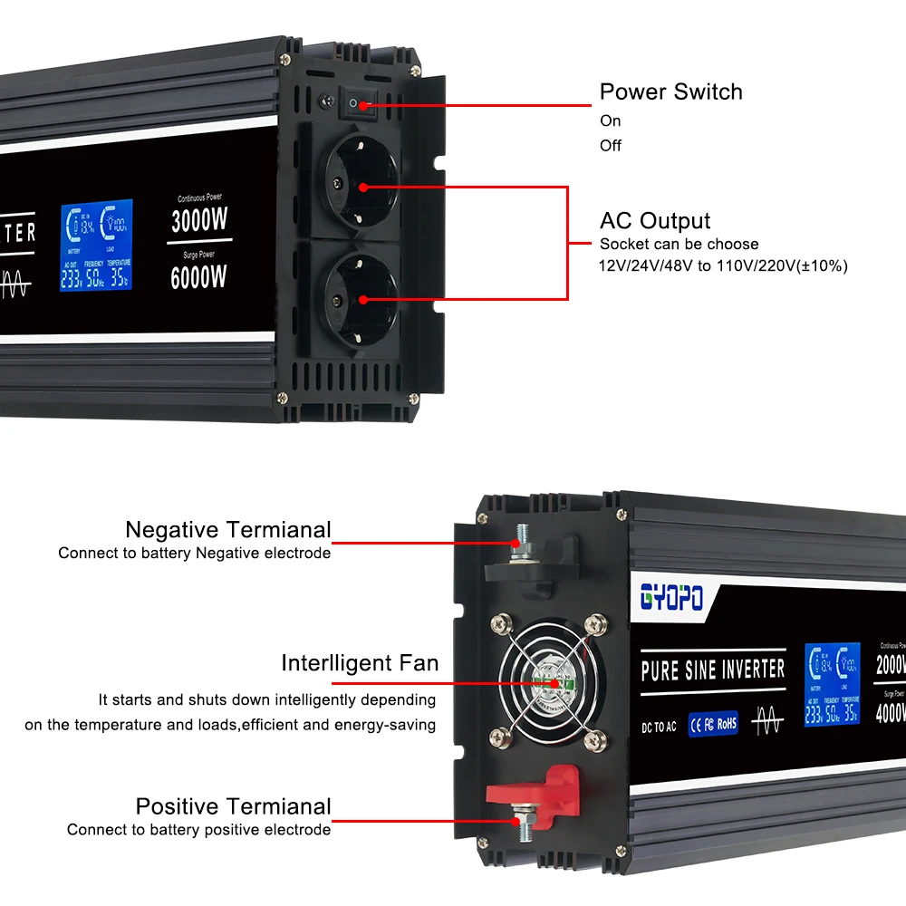 Factory price true pure sine power inverter 3000 watt 12 24 48 volt dc to ac 220 volt 50hz 60hz inverter