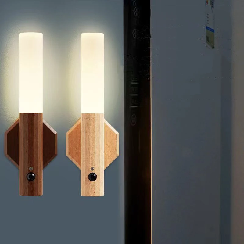 Portable Wireless Magnetic USB Rechargeable  Smart Indoor Wood Sensor Control Wall Induction Lamps for Living Bed Room