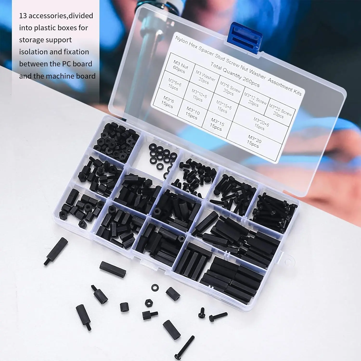HLNT Factory Wholesale High Quality M3 Biack Metal Nylon Hex Stud Standoff Screw Nut Washer Assortment Kit
